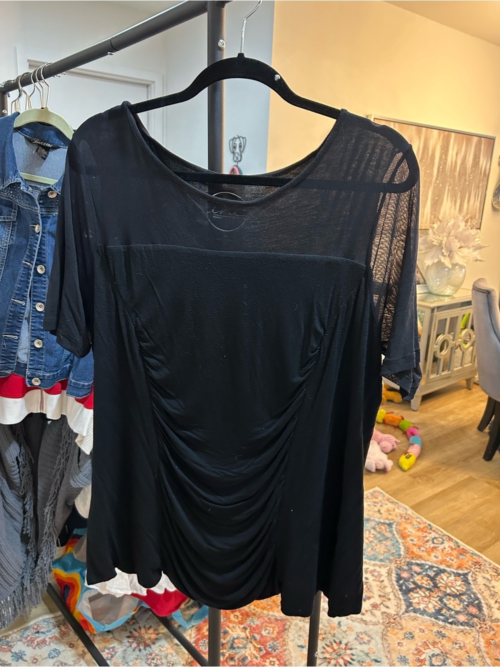 INC International Concepts Black Short Sleeve Ruched Front Top